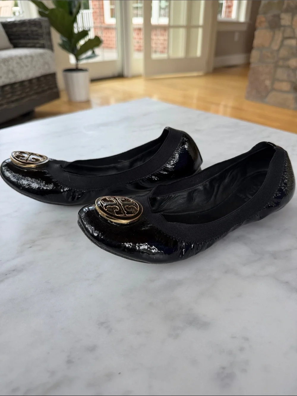 Tory Burch Black Patent Leather Logo Ballet Flats with Gold Emblem